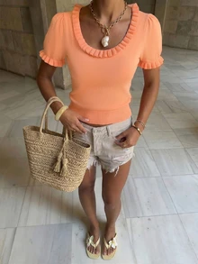 Áo thun nữ tay ngắn cổ tròn, màu trơn, viền bèo, dáng rộng, chất liệu len pha, thích hợp cho mùa xuân, mùa hè và Ngày của Mẹ. - Màu Cam cháy - Xem 4