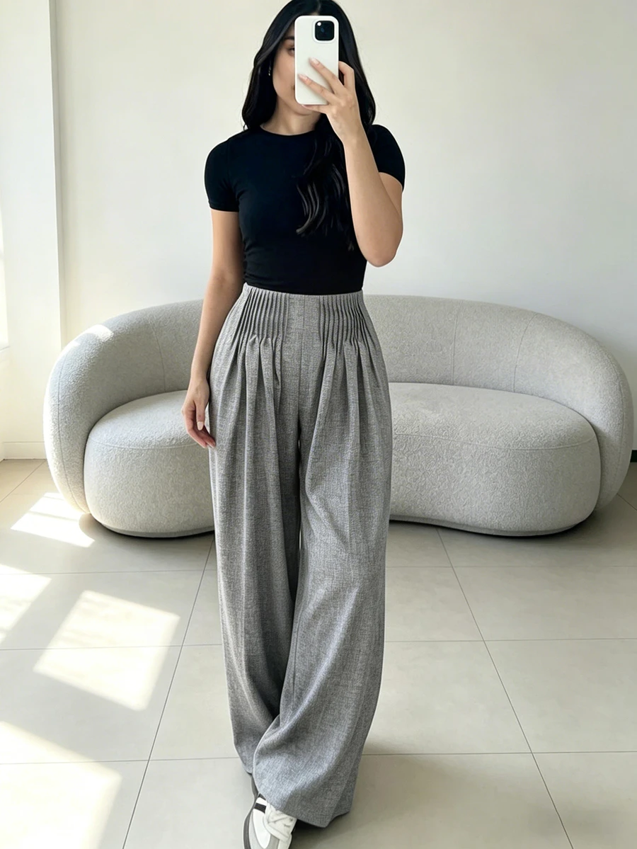 春季女装时尚直筒裤，多层褶裥设计，宽松梭织花卉印花直筒裤，带口袋和拉链 - 灰色 - 查看 1