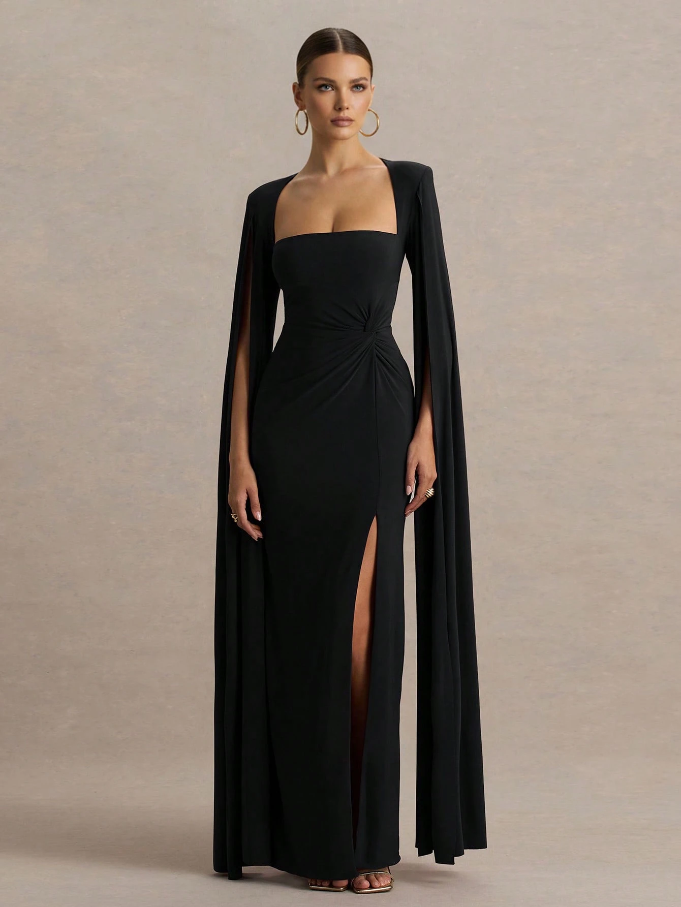 女士优雅长款针织连衣裙，方领，长袖，褶裥高弹设计 - 黑色 - 查看 1