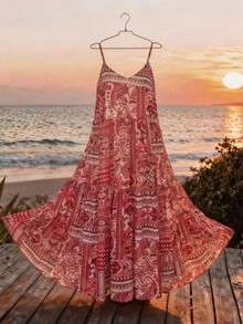 女士V领无袖连衣裙，全身印花，飘逸长款休闲连衣裙，适合夏季度假和休闲穿着 - 彩色 - 查看 1