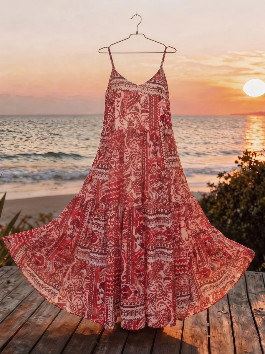 女士V领无袖连衣裙，全身印花，飘逸长款休闲连衣裙，适合夏季度假和休闲穿着 - 彩色 - 查看 1