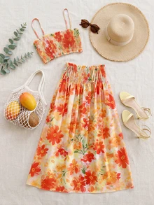 Conjunto Casual com Estampa Floral Laranja Vibrante, Decoração de Laço Frontal Sólido Fofo, Praia, Férias, Verão Elegante - Laranja - Visão 8