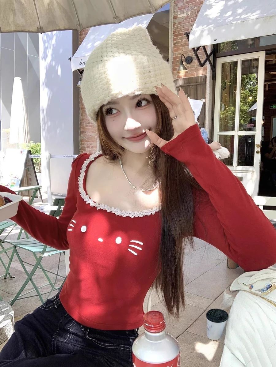 可爱刺绣红色长袖休闲打底T恤，显瘦又漂亮女式上衣 - 紅色 - 查看 1