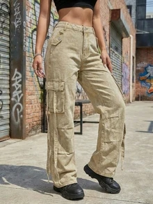 Quần jeans nữ denim màu trơn, kiểu dáng thanh lịch, phong cách bohemian, có túi và cúc cài, khóa kéo, phù hợp cho công sở, nhà, mặc hàng ngày, đi học, mùa xuân/hè. - Màu Khaki - Xem 6