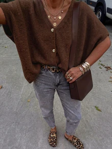 FOR BEAUTY Summer Y2K Women's Brown V-Neck Button Short Sleeve Knit Cardigan, Loose Fit, Casual Fashion Dropped Shoulder Design, Beach Vacation Date Top - Dark Coffee - View 12