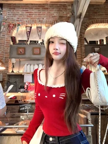 可爱刺绣红色长袖休闲打底T恤，显瘦又漂亮女式上衣 - 紅色 - 查看 2