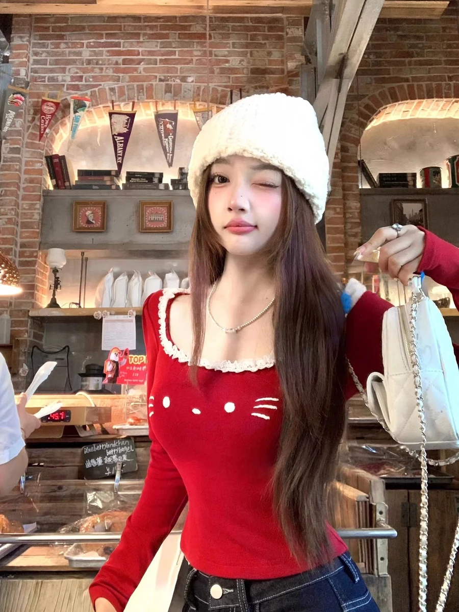 Cute Embroidered Red Long Sleeve Casual Base T-Shirt, Slimming And Gorgeous Women Top Spring - Red - View 1