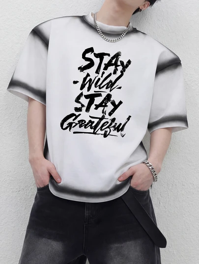 男士黑白渐变“保持野性，保持感恩”加大码街头风T恤