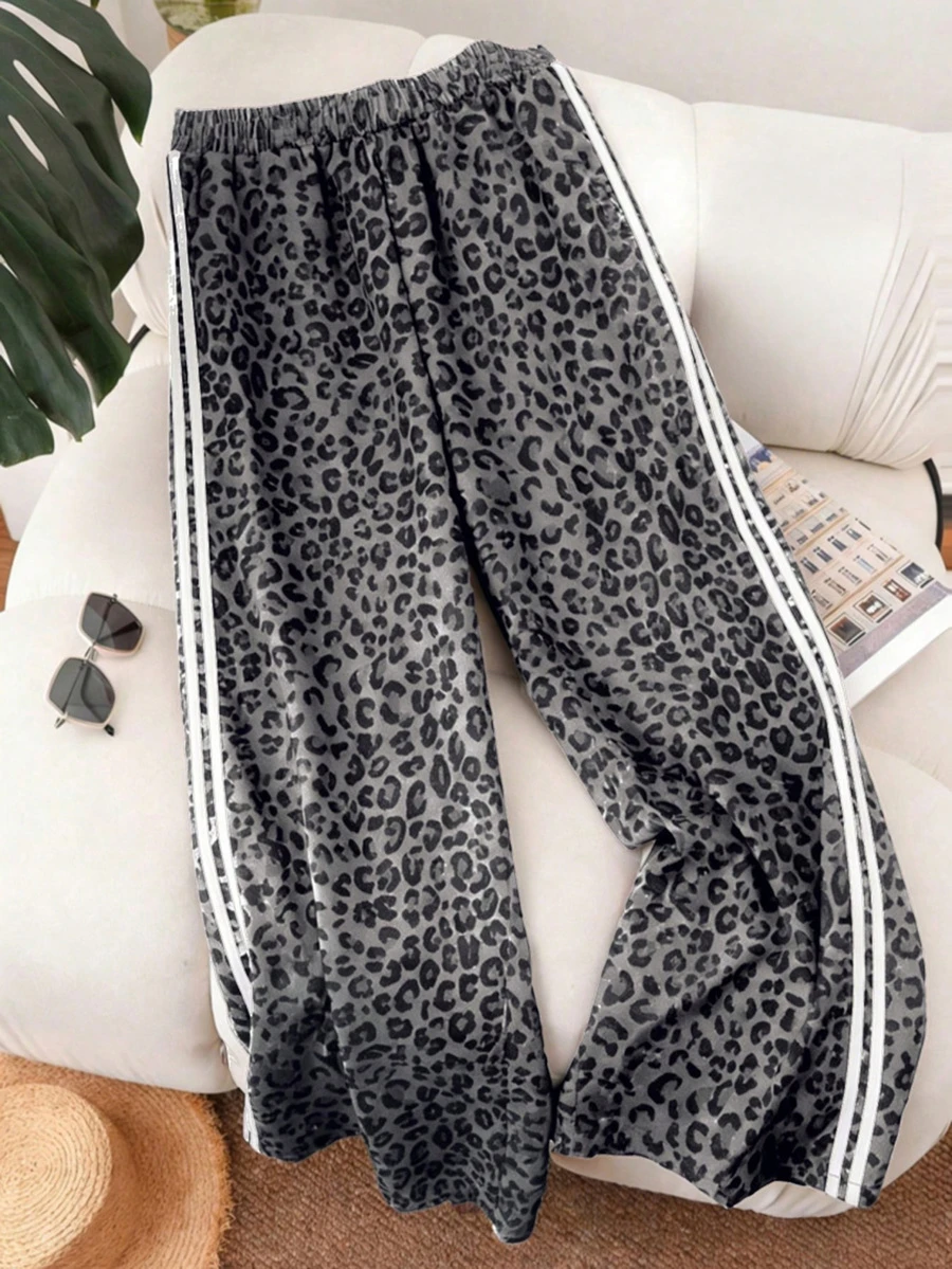 Pantalones con estampado de leopardo y cintura elástica con decoración de rayas laterales para vacaciones de primavera, talla grande para mujer - Gris - Ver 1