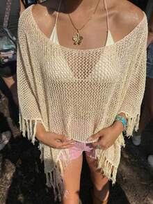 BuyK [Áo] Áo khoác cardigan ngắn kiểu Bohemian Y2K gợi cảm, khoét lỗ, tua rua, màu trơn, nhẹ, kiểu áo choàng trễ vai, vạt áo bất đối xứng, thích hợp cho đi biển, lễ hội âm nhạc mùa xuân. - Màu vàng - Xem 1