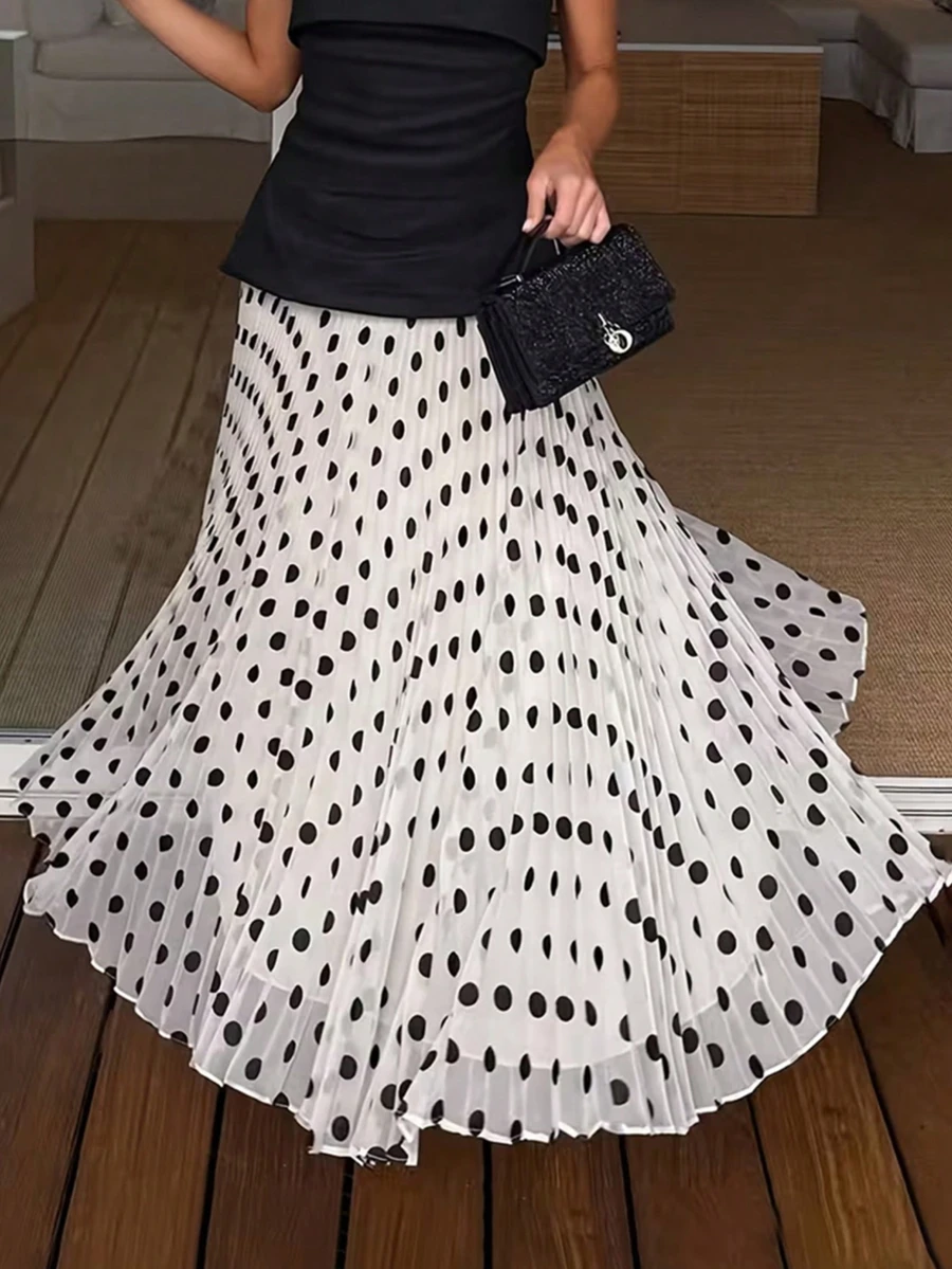女士休闲波点百褶长裙，春夏款