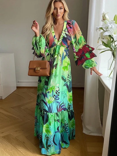 Bohemian Style Deep V-Neck Tie-Up A-Line Dress, Women's, 3/4 Sleeve, Knit Fabric, Leopard Print Detail Vacation Spring Elegant