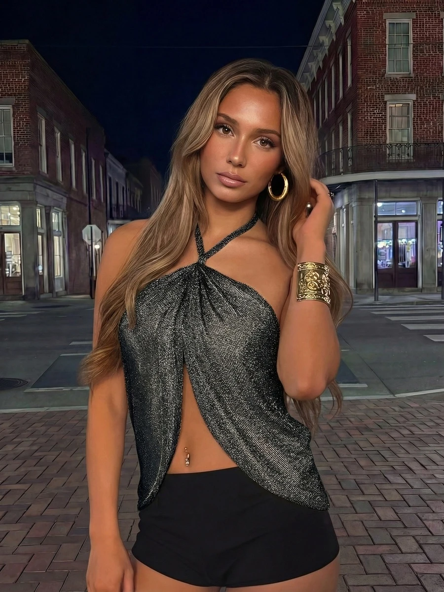 女士新款夏季针织无袖露背扭结上衣，黑色纯色休闲度假简约风，不对称设计，适合海滩旅行，性感上衣，女士夏季服装