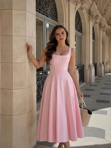 Women's Solid Color Woven Bowknot Sexy Elegant Retro Vacation Dress Pink, Aesthetic - Pink - View 2