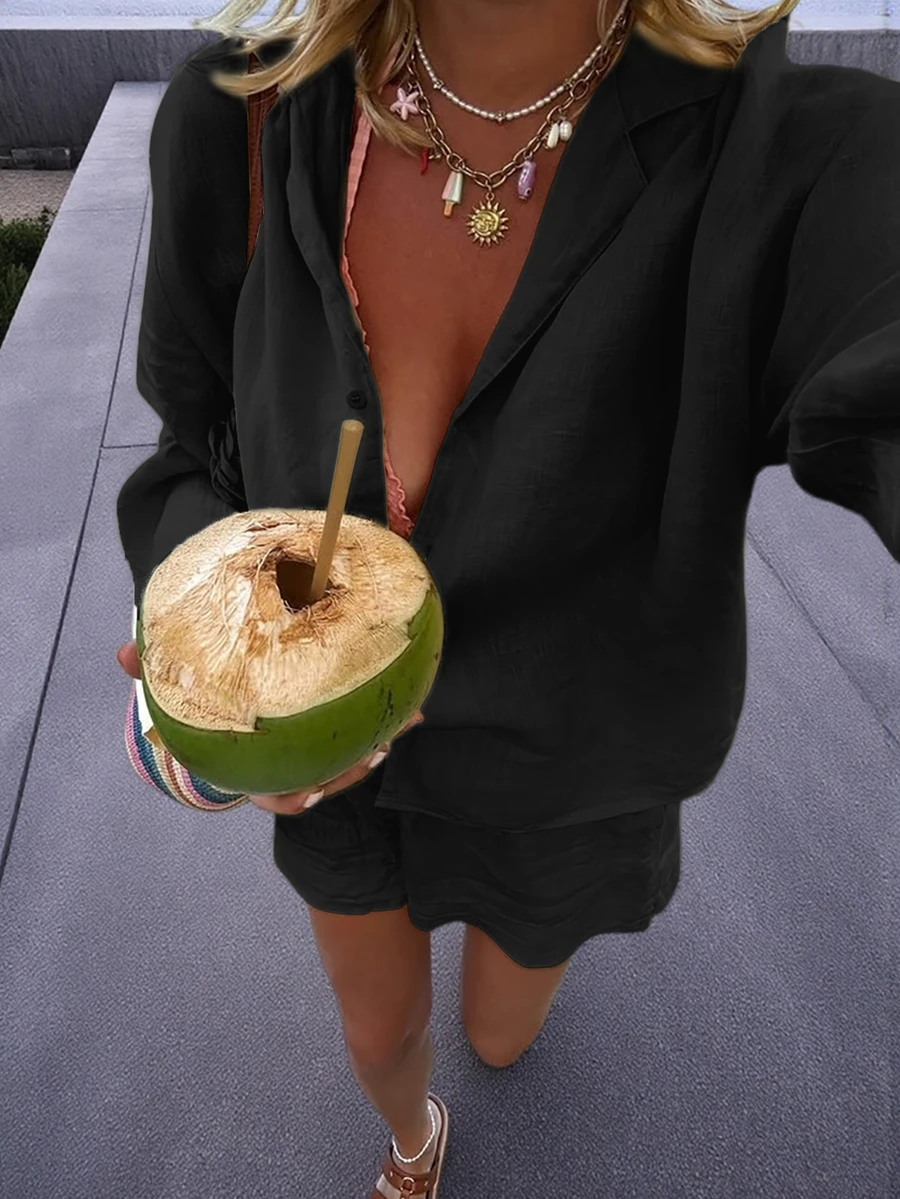 女款夏季度假套裝：法式森林印花休閒寬鬆兩件套，請訂購大一號黑色 - 黑色 - 查看 1