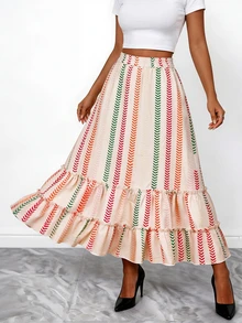 优雅女士喇叭形长裙，荷叶边裙摆细节，梭织面料，无弹力，时尚款式 - 杏色 - 查看 1