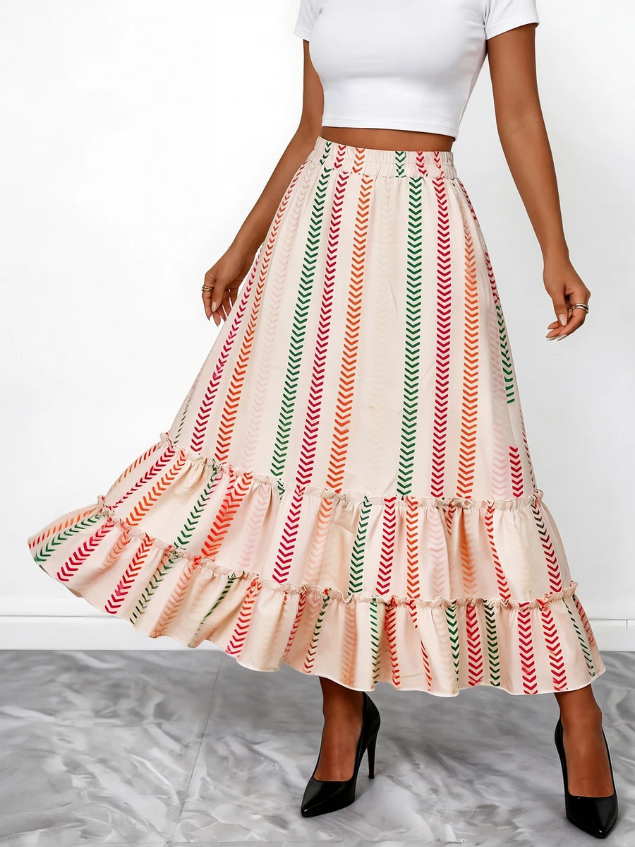 优雅女士喇叭形长裙，荷叶边裙摆细节，梭织面料，无弹力，时尚款式 - 杏色 - 查看 1