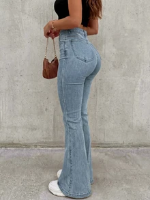 Quần jeans ống loe dáng ôm dành cho nữ, có khóa kéo và nút cài, thiết kế tối giản, phù hợp cho du lịch và hẹn hò, mùa xuân. - Màu xanh lam - Xem 3