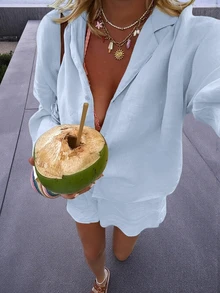 女款夏季度假套裝：法式森林印花休閒寬鬆兩件套，請訂購大一號，優雅 - 淺色水洗藍 - 查看 3