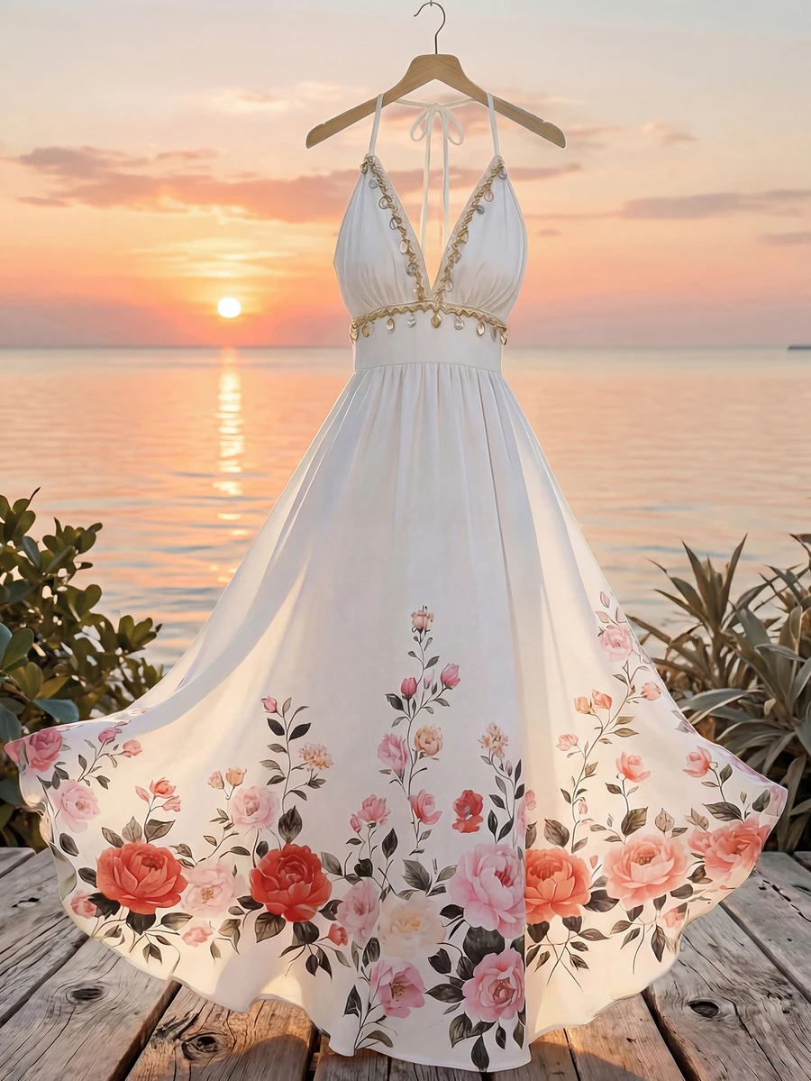Đầm cổ yếm xếp ly họa tiết hoa đính sequin hình vỏ sò thời trang cho kỳ nghỉ hè ở bãi biển.