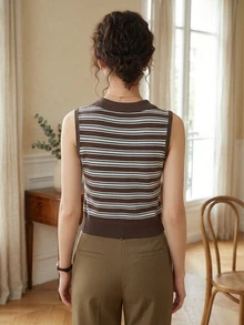 Women's Elegant Striped Collared Sleeveless Knit Pullover Sweater Top, Suitable For Spring/Summer Casual, Daily, Commute, Office Wear Black - Black - View 2