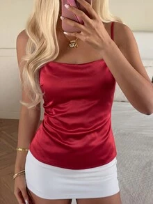 Women's Red Polyester Ruched Spaghetti Strap Square Neck Camisole Casual Summer - Red - View 3