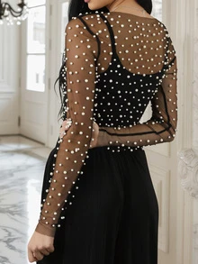 Elegant Solid Color Sheer Mesh Long Sleeve Top With Pearl Decor, Round Neck Fitted Versatile Blouse For Party, Night Out, Summer Vacation Black - Black - View 2