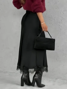 Women's Elegant Solid Color Satin Lace Trim Skirt, Fashionable And Versatile Front Slit Skirt Black Spring - Black - View 2