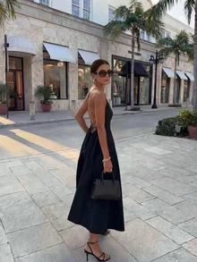 Đầm maxi nữ mùa hè thanh lịch, thoải mái, cổ yếm, hở lưng, thích hợp cho tiệc tùng và kỳ nghỉ. - màu đen - Xem 3