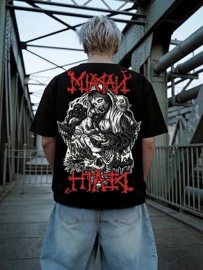男士宽松黑色T恤，印有恐怖圣母玛利亚图案，街头金属风格