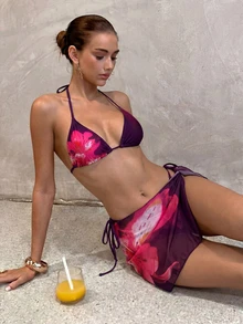 3pcs Ombre Tropical Floral Print Bikini Set For Women, Adjustable Bikini Straps, Tie Side Briefs, Flowy Coverup Dress For Beach & Party Vacation Summer - Purple - View 3