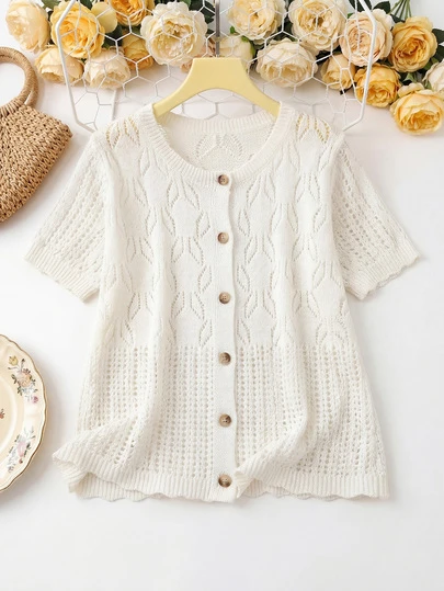 Plus Size Women's Elegant Casual Short Sleeve Hollow Perforated Round Neck Knit Cardigan, Suitable For Layering In Spring And Autumn, Graceful Plus Size Women's Clothing