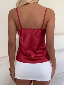 Women's Red Polyester Ruched Spaghetti Strap Square Neck Camisole Casual Summer - Red - View 2