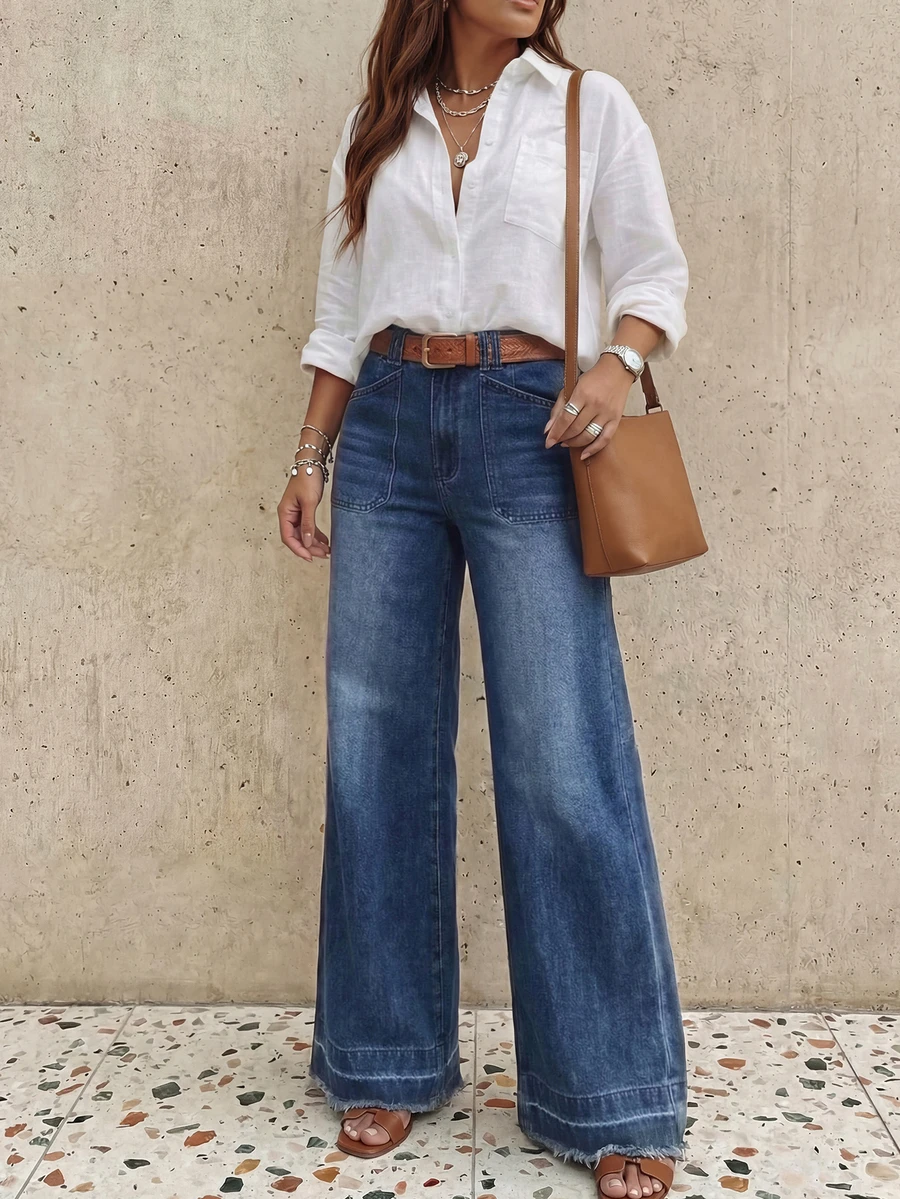 UMINOW Quần jean nữ ống rộng dáng casual, không co giãn, có túi và khóa kéo, thích hợp mặc hàng ngày vào mùa thu. - Màu xanh lam - Xem 1