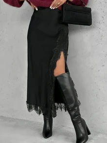 Women's Elegant Solid Color Satin Lace Trim Skirt, Fashionable And Versatile Front Slit Skirt Black Spring - Black - View 3