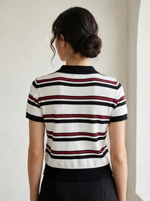 Áo len nữ cổ bẻ kẻ sọc thanh lịch, thích hợp mặc hàng ngày, ở nhà, đi làm, văn phòng, màu đen. - màu đen - Xem 2