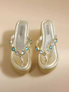 Glizzene Sandalias de plataforma con cuña, decoración de rhinestones, estilo vacacional, impermeables, suela gruesa, unicolor, tacón alto, ligeras y minimalistas para mujer, para primavera y verano - Dorado - Ver 4