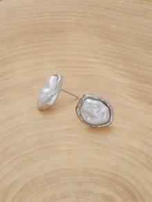 Glizzene 1pair French Asymmetrical Geometric Fashionable Simple Sweet Faux Pearl Copper Earrings For Women, Daily Wear - Silver - View 3