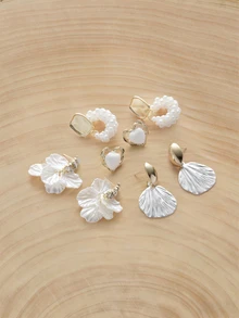 Glizzene 4 Pairs/Set Elegant Simple Vintage Round Faux Pearl Shell Drop Oil Heart French Style Luxury Earring Set, Suitable For Women's Daily And Holiday Wear - Multicolor - View 1