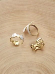 3 cái/bộ Bộ nhẫn sơn nghệ thuật thép không gỉ bất đối xứng thời trang, thiết kế thời trang cho phụ nữ đeo hàng ngày - Vàng - Xem 2