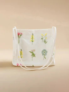 Glizzene 2024 Spring/Summer New Fashion Canvas Tote Bag For Women, Embroidery Print Large Capacity One Shoulder Crossbody Bucket Bag - White - View 2