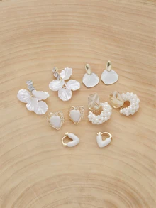 Glizzene 10pcs/5 Pairs Cute & Gentle Rhinestone Flower Petal Faux Pearl Teardrop Heart Stud Earrings, Fashion Versatile Jewelry Suitable For Daily Commute And Gift - Gold-white (5 Pairs) - View 3