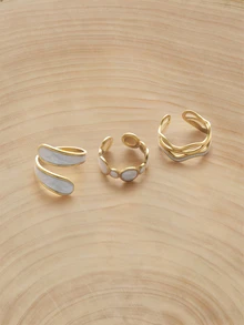 3 cái/bộ Bộ nhẫn sơn nghệ thuật thép không gỉ bất đối xứng thời trang, thiết kế thời trang cho phụ nữ đeo hàng ngày - Vàng - Xem 1