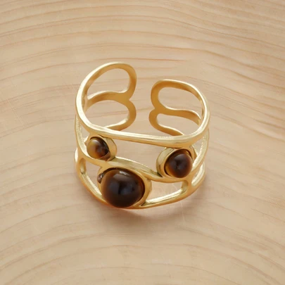 Glizzene 1pc Fashionable Vintage Classic Minimalist Stainless Steel Geometric Stone Brown Ring, Elegant Everyday/Party/Mother's Day Wear For Women
