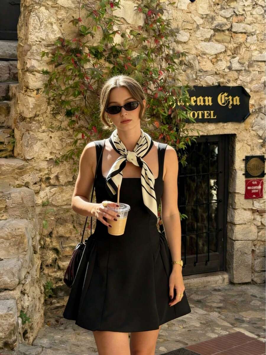 優雅夏季女款無袖黑色短洋裝,輕量面料製成,適合女性度假與休閒穿著的時尚服飾 - 黑色 - 查看 1