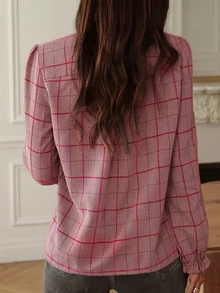 Women's Plaid Print Ruffle Collar Long Sleeve Woven Shirt, Suitable For Casual Wear Spring - Dusty Pink - View 2