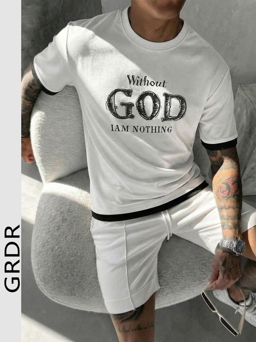 GRDR Herren Sommer Bedrucktes Rundhals 2 in 1 Kurzarm T-Shirt, Lässig - Weiss - Übersicht 1