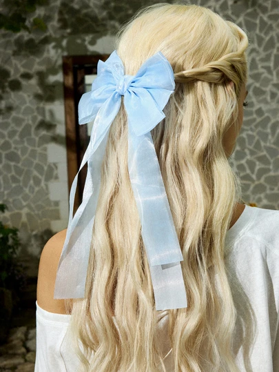 Hatastic 1pc Blue Mesh Extra Wide Double Layer Shiny Bow Ribbon Spring Clip, Elegant & Soft Headpiece Accessory For Spring Hair Clips Claw Clips Hair Claws Hair Slide Hair Barrettes, School Stuff, College, Bows, Cute, Classy, Winter Outfit Women, Hair Accessories, Hair Accessories For Women, Hairpin Music Fest