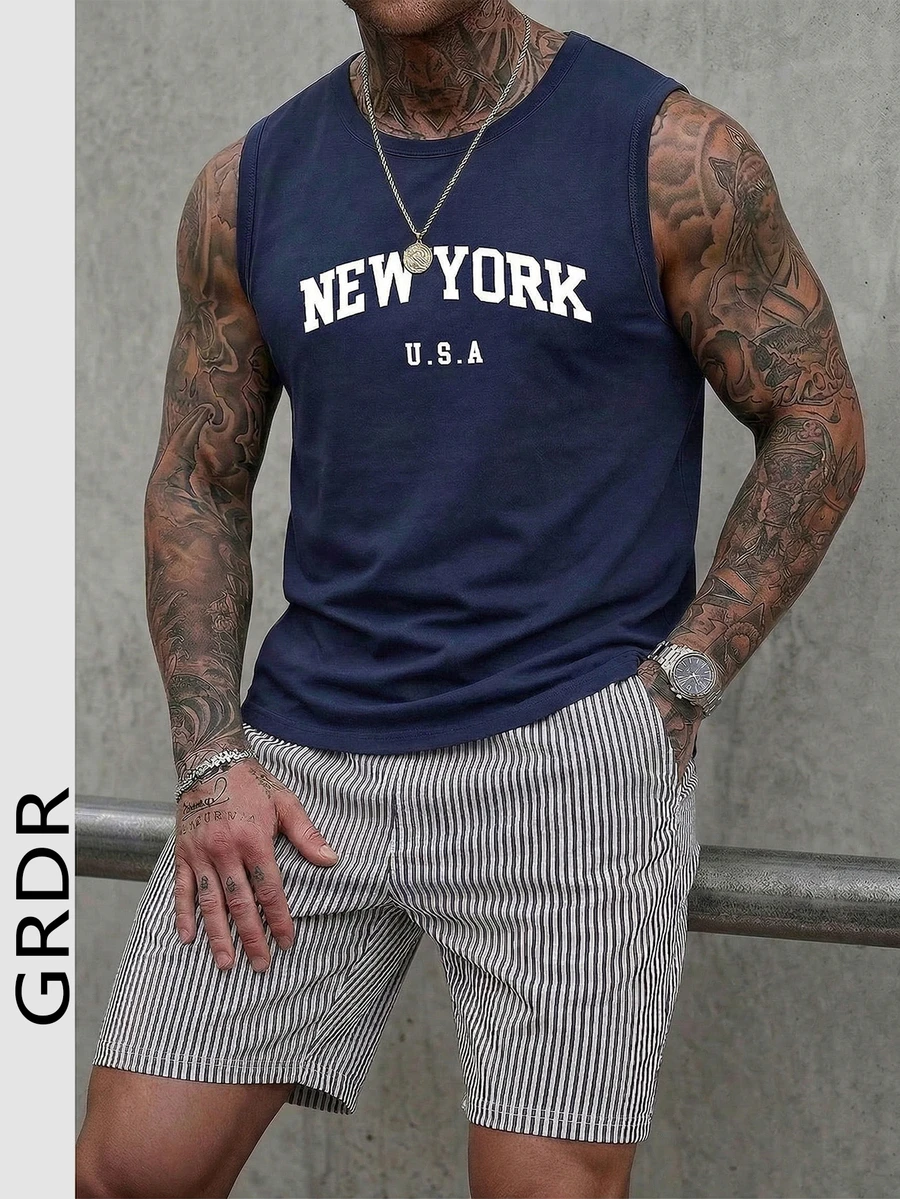 GRDR Men's Crew Neck Tank Top And Drawstring Shorts Casual Suit - Navy Blue - View 1