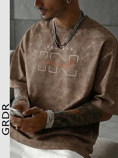 GRDR 1 pieza Camiseta de manga corta con estampado vintage lavada para hombres, adecuada para el verano, cómoda y transpirable, de moda de vanguardia